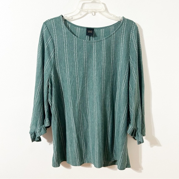 W5 Striped Pullover Knit Top with Three Quarter Split Ruffled Bell Sleeve 💚🤍 - Picture 1 of 6